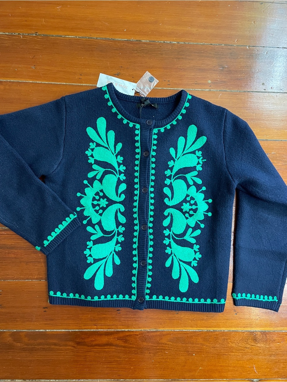 NWT Strut & Bolt Myra Navy Emerald Embroidered Knit Cardigan Jacket Sz S 🧡🎀 - Picture 2 of 10